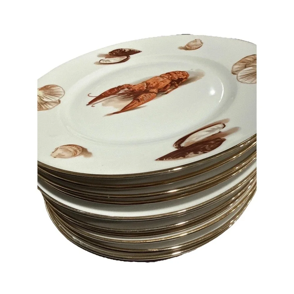 Vintage JK Decor Carlsbad Lobster Seashell Porcelain‎ Plates West Germany Gold